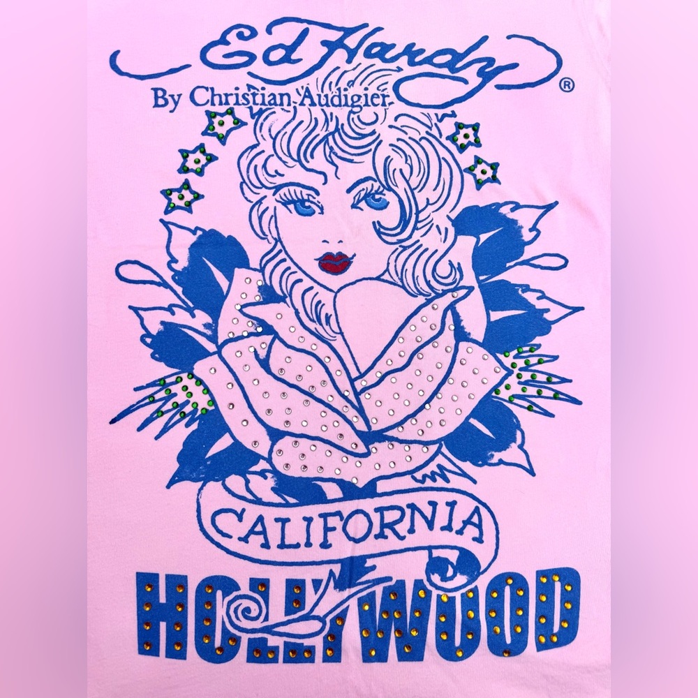 Ed Hardy Pink rhinestones Graphic Tee